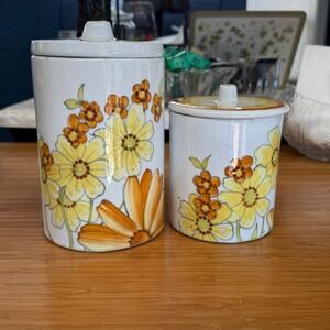 Pair of Cossa Italy Handpainted Pottery Canisters Very Retro in Yellow, Orange